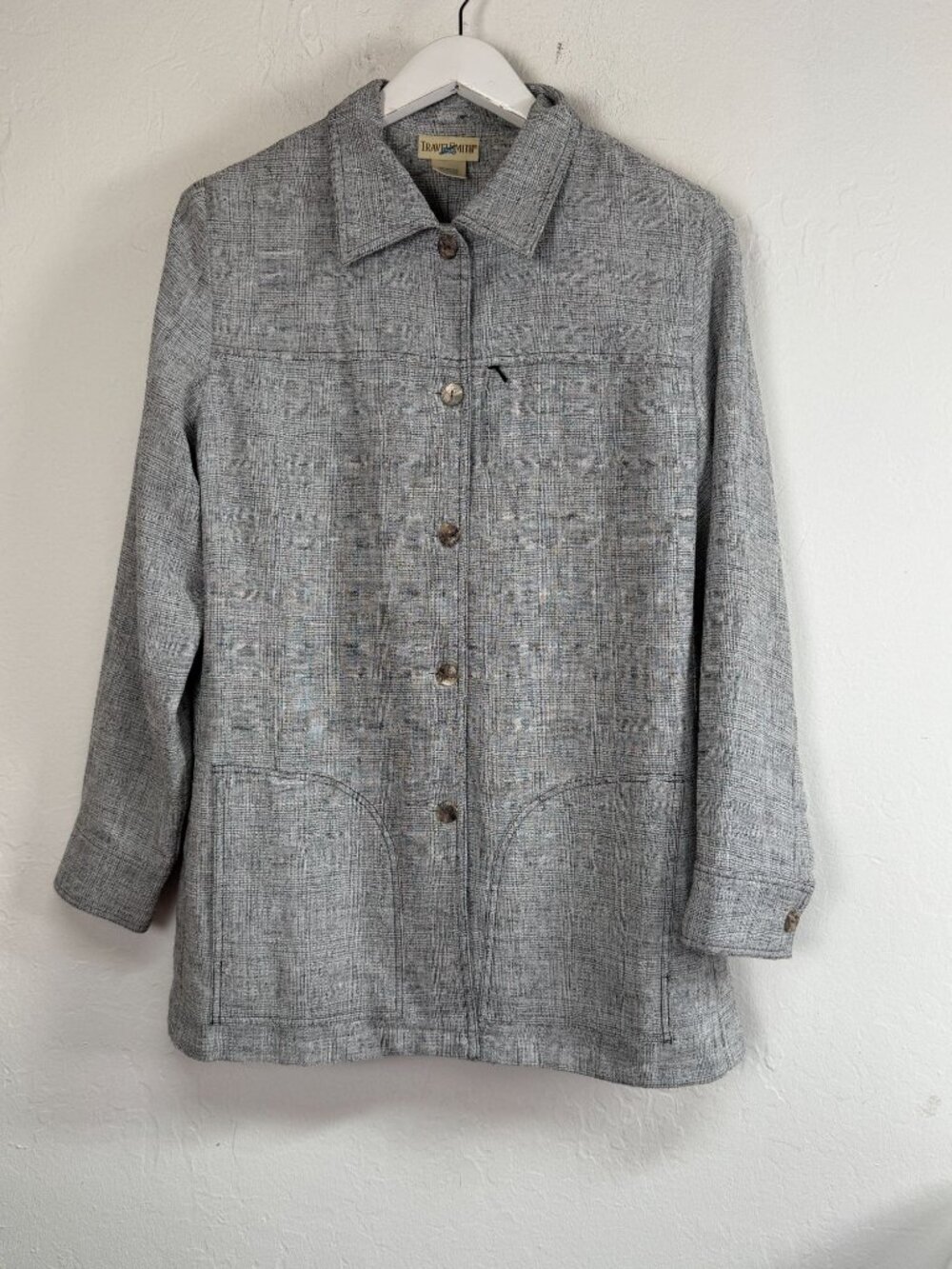 TravelSmith Womens Gray Plaid Button Front Jacket Shirt Coat Medium Chest Pocket